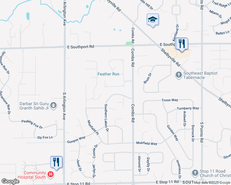 map of restaurants, bars, coffee shops, grocery stores, and more near 6414 Southern Lakes Drive in Indianapolis