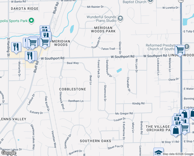 map of restaurants, bars, coffee shops, grocery stores, and more near 7145 Forest Park Drive in Indianapolis