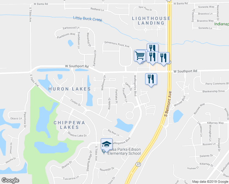 map of restaurants, bars, coffee shops, grocery stores, and more near 7125 Parklake Place in Indianapolis