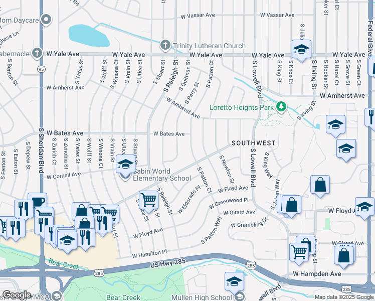 map of restaurants, bars, coffee shops, grocery stores, and more near 3009 South Patton Court in Denver