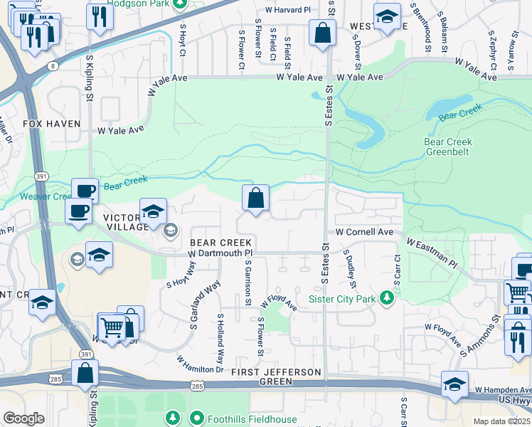 map of restaurants, bars, coffee shops, grocery stores, and more near 9074 West Cornell Place in Lakewood