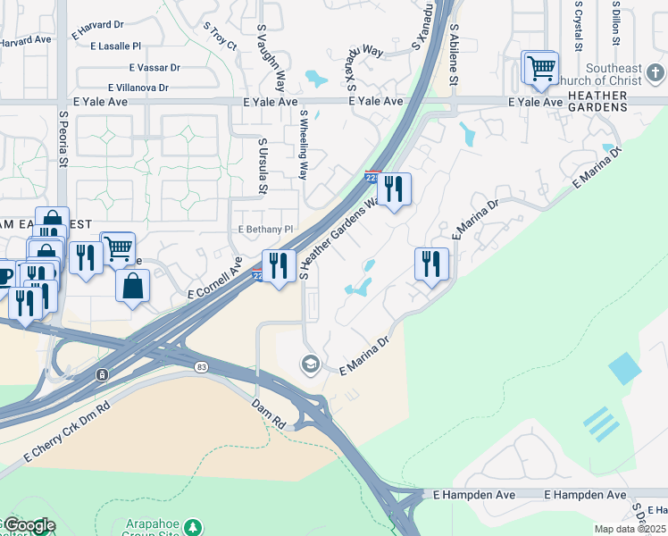 map of restaurants, bars, coffee shops, grocery stores, and more near 13500 East Cornell Avenue in Aurora