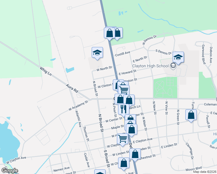 map of restaurants, bars, coffee shops, grocery stores, and more near 42 West Clinton Street in Clayton