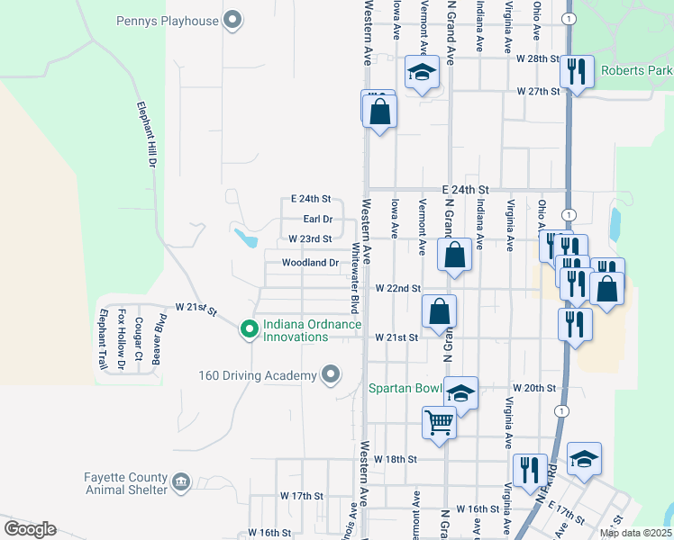 map of restaurants, bars, coffee shops, grocery stores, and more near 707 Woodland Drive in Connersville