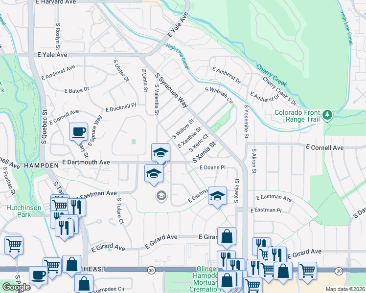 map of restaurants, bars, coffee shops, grocery stores, and more near 8671 East Cornell Drive in Denver