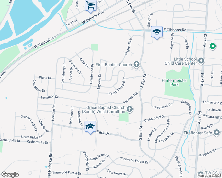 map of restaurants, bars, coffee shops, grocery stores, and more near 706 Cherry Blossom Drive in Dayton