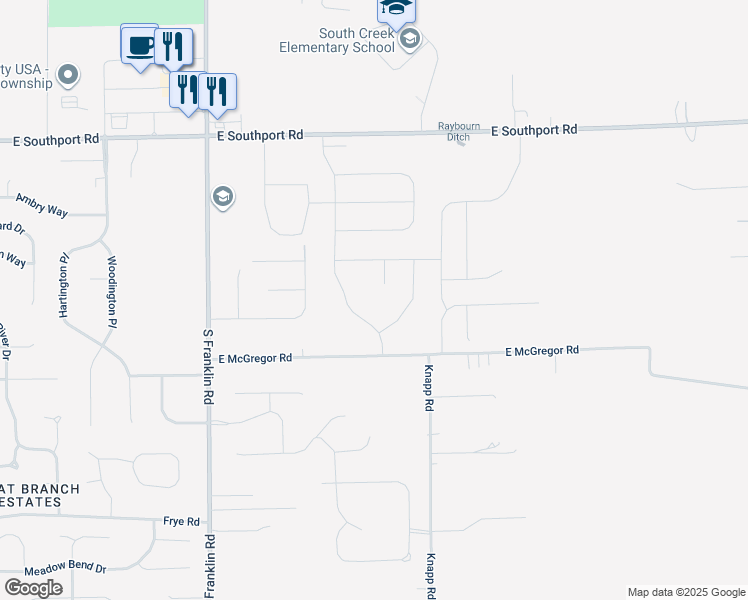 map of restaurants, bars, coffee shops, grocery stores, and more near 8750 East McGregor Road in Indianapolis