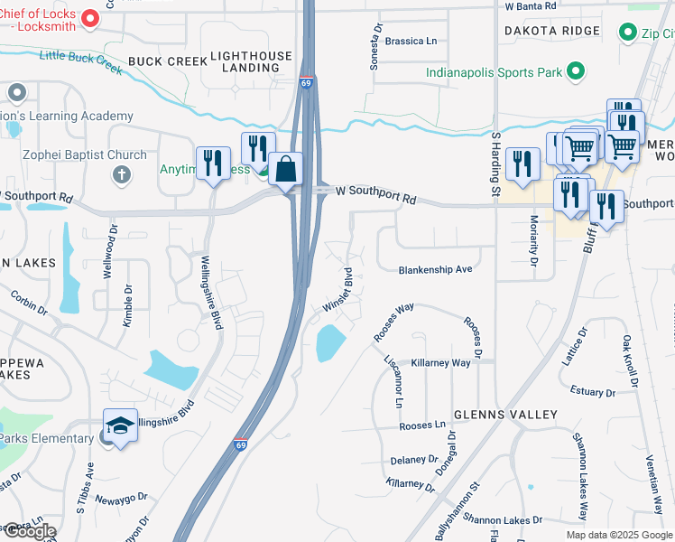 map of restaurants, bars, coffee shops, grocery stores, and more near 7125 Winslet Boulevard in Indianapolis