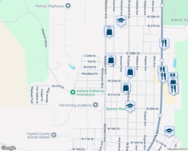 map of restaurants, bars, coffee shops, grocery stores, and more near 707 Woodland Drive in Connersville