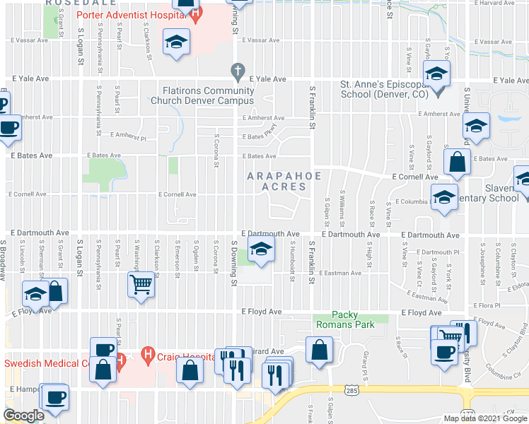 map of restaurants, bars, coffee shops, grocery stores, and more near 3017 South Cornell Circle in Englewood