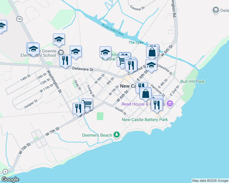 map of restaurants, bars, coffee shops, grocery stores, and more near 106 West 7th Street in New Castle