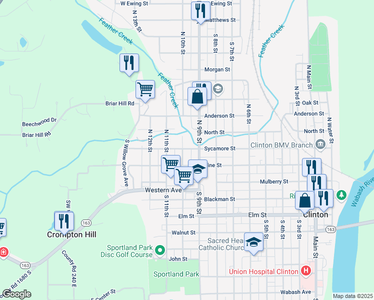 map of restaurants, bars, coffee shops, grocery stores, and more near 958 Sycamore Street in Clinton
