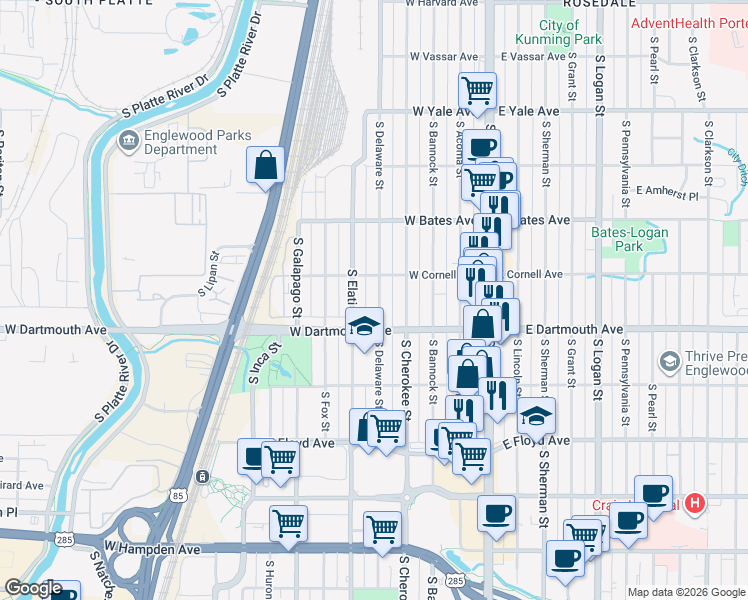 map of restaurants, bars, coffee shops, grocery stores, and more near 3043 South Delaware Street in Englewood