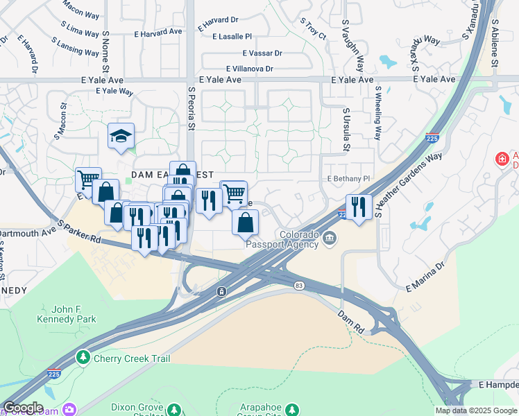 map of restaurants, bars, coffee shops, grocery stores, and more near 12501 East Cornell Circle in Aurora