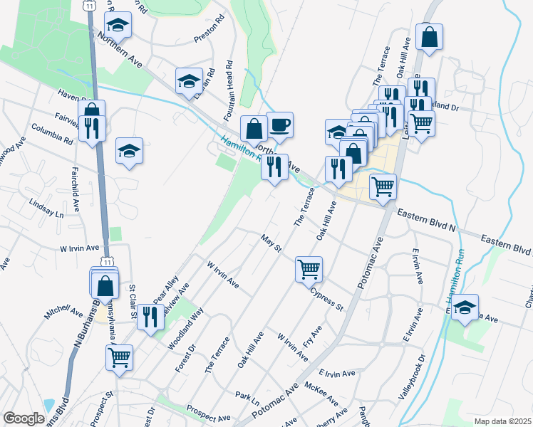 map of restaurants, bars, coffee shops, grocery stores, and more near 1327 Woodland Way in Hagerstown