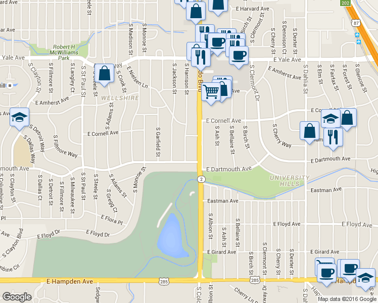 map of restaurants, bars, coffee shops, grocery stores, and more near 3072 South Harrison Street in Denver