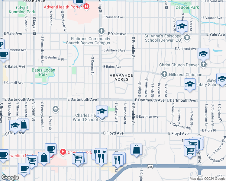 map of restaurants, bars, coffee shops, grocery stores, and more near 3017 South Cornell Circle in Englewood