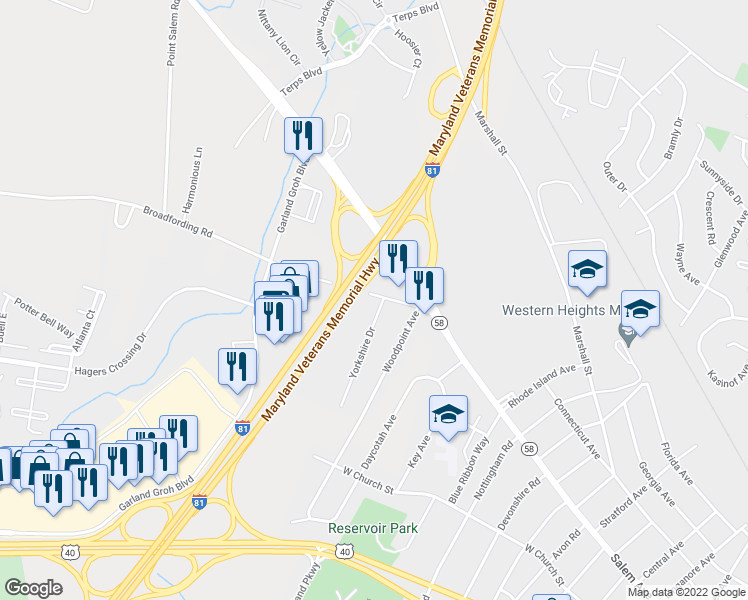 map of restaurants, bars, coffee shops, grocery stores, and more near 1537 Broadfording Road in Hagerstown