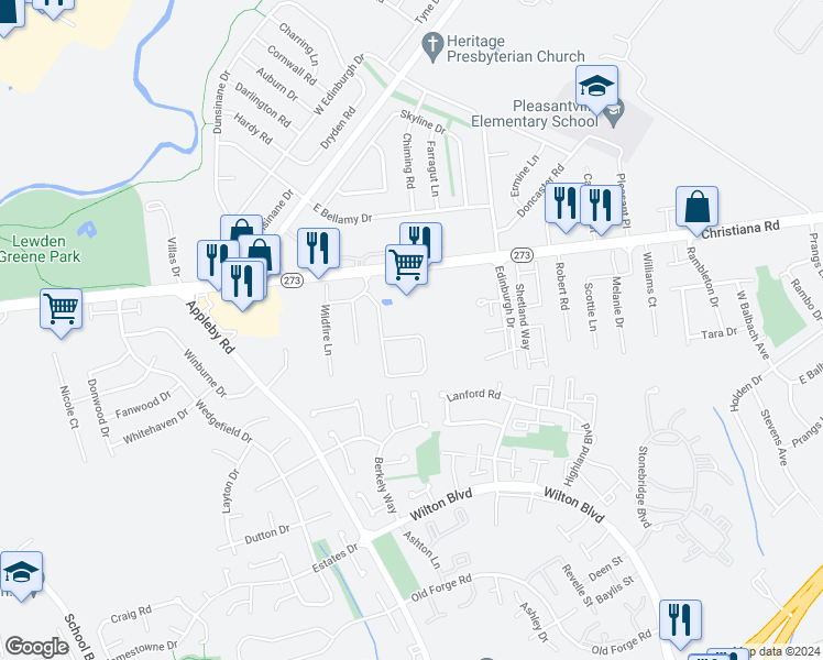 map of restaurants, bars, coffee shops, grocery stores, and more near 132 Freedom Trail in New Castle