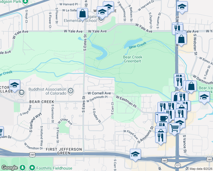 map of restaurants, bars, coffee shops, grocery stores, and more near 8755 West Cornell Avenue in Lakewood