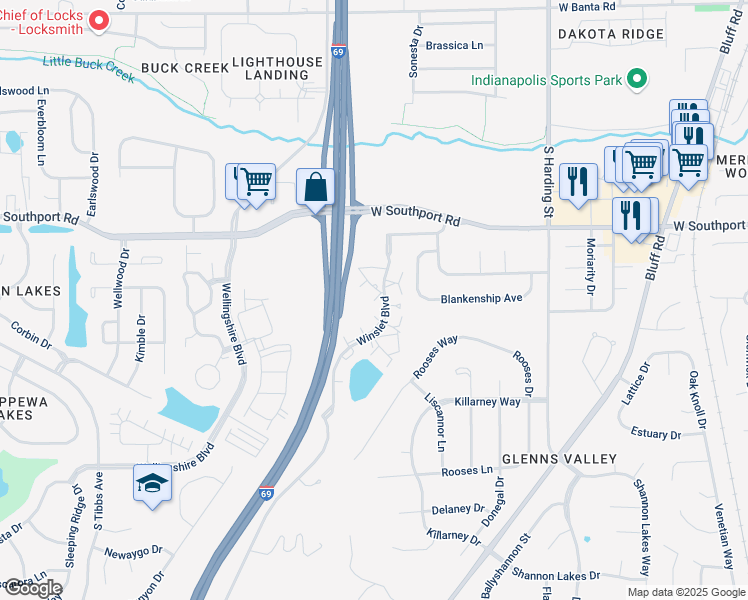 map of restaurants, bars, coffee shops, grocery stores, and more near 7125 Winslet Boulevard in Indianapolis
