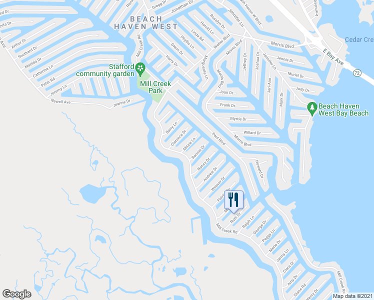 map of restaurants, bars, coffee shops, grocery stores, and more near 11 Mitzie Lane in Stafford Township