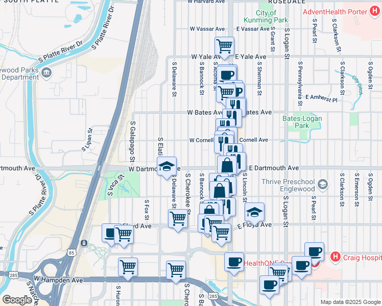 map of restaurants, bars, coffee shops, grocery stores, and more near 3048 South Cherokee Street in Englewood
