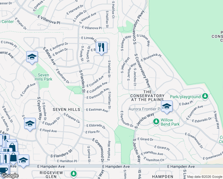 map of restaurants, bars, coffee shops, grocery stores, and more near 3102 South Halifax Street in Aurora