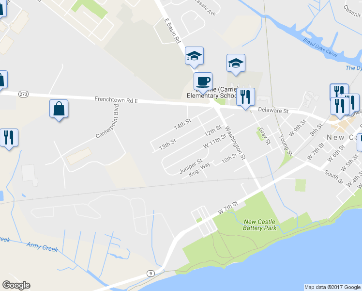 map of restaurants, bars, coffee shops, grocery stores, and more near 733 12th Street in New Castle
