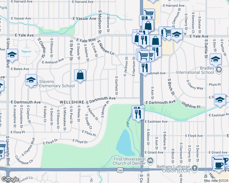 map of restaurants, bars, coffee shops, grocery stores, and more near 3067 South Garfield Street in Denver