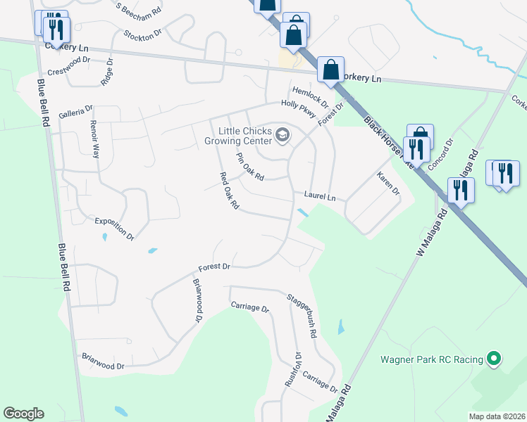 map of restaurants, bars, coffee shops, grocery stores, and more near 1748 Red Oak Road in Monroe