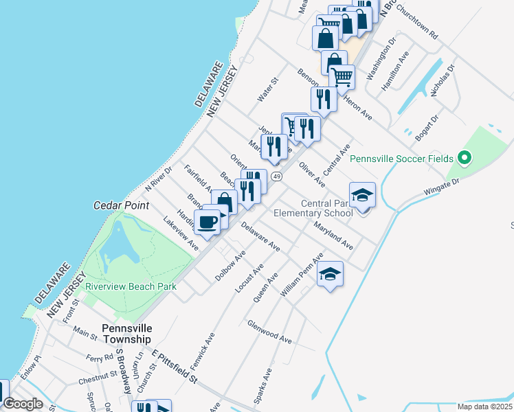 map of restaurants, bars, coffee shops, grocery stores, and more near 124-126 North Broadway in Salem County