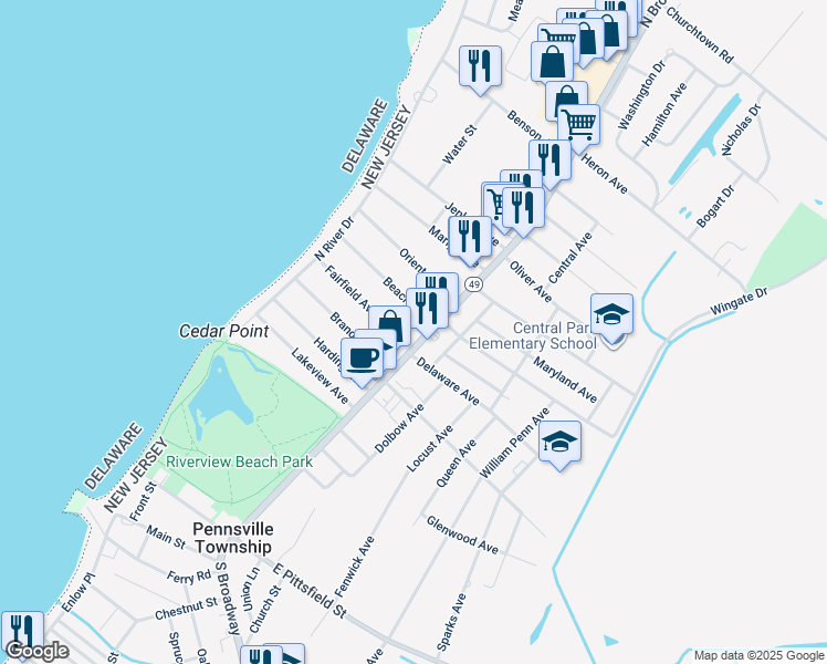 map of restaurants, bars, coffee shops, grocery stores, and more near 126 North Broadway in Pennsville
