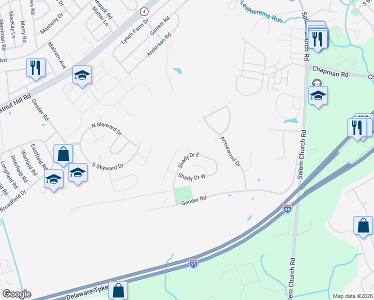 map of restaurants, bars, coffee shops, grocery stores, and more near 4 Bark Drive in Newark