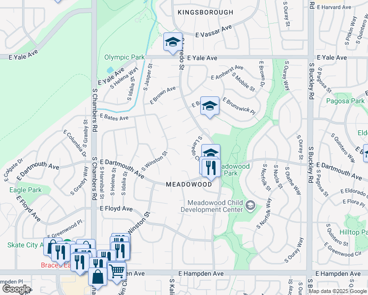 map of restaurants, bars, coffee shops, grocery stores, and more near 3023 South Laredo Circle in Aurora
