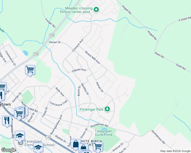 map of restaurants, bars, coffee shops, grocery stores, and more near 328 Kenan Street in Taneytown