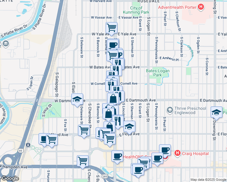 map of restaurants, bars, coffee shops, grocery stores, and more near 3041 South Broadway in Englewood