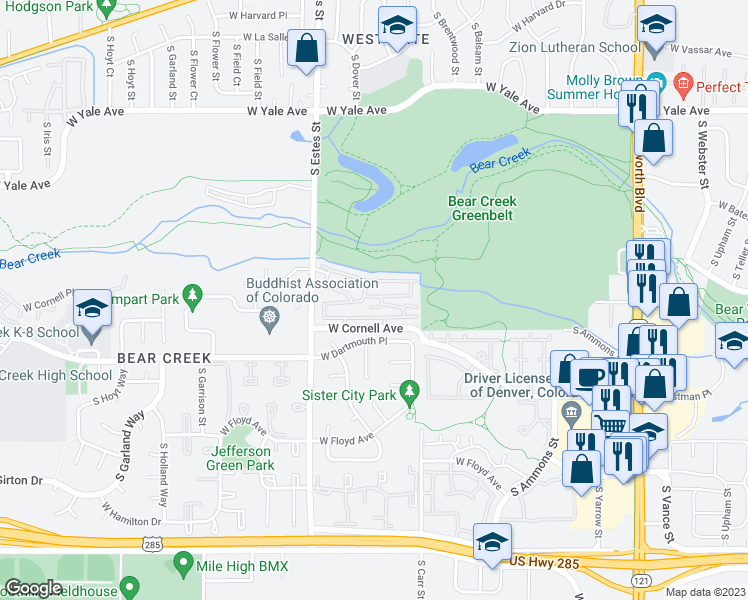 map of restaurants, bars, coffee shops, grocery stores, and more near 8757 West Cornell Avenue in Lakewood