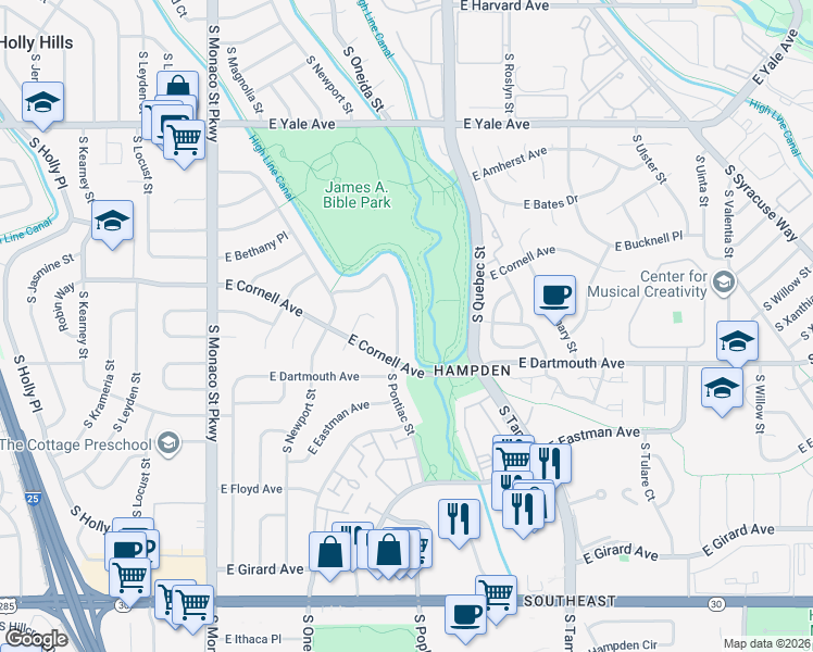 map of restaurants, bars, coffee shops, grocery stores, and more near 2984 South Pontiac Street in Denver