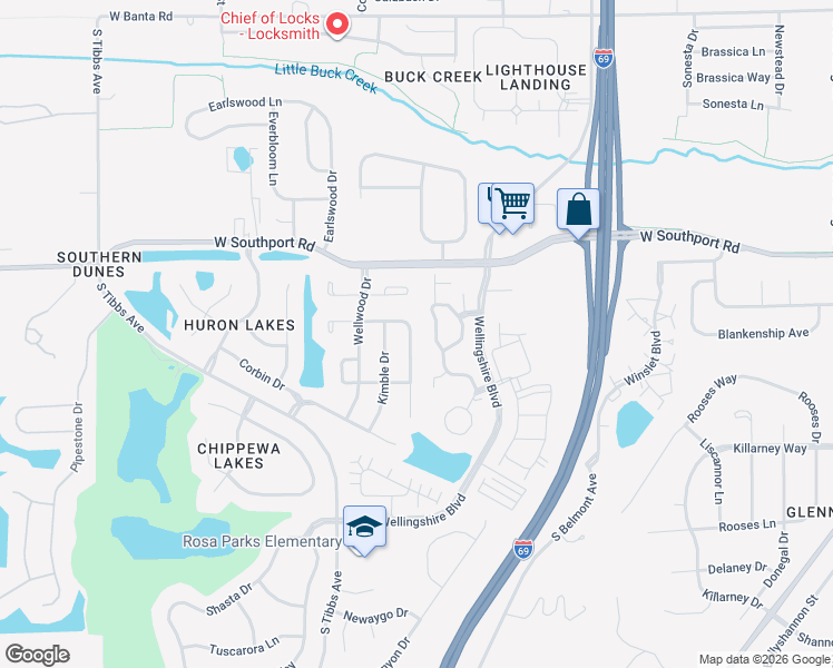 map of restaurants, bars, coffee shops, grocery stores, and more near 7125 Parklake Place in Indianapolis