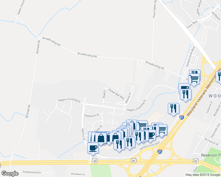 map of restaurants, bars, coffee shops, grocery stores, and more near 17614 Potter Bell Way in Hagerstown
