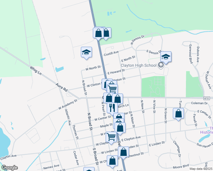map of restaurants, bars, coffee shops, grocery stores, and more near 454 North Delsea Drive in Clayton