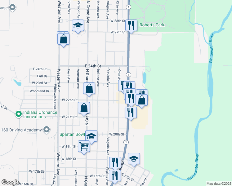 map of restaurants, bars, coffee shops, grocery stores, and more near 2213 Ohio Avenue in Connersville