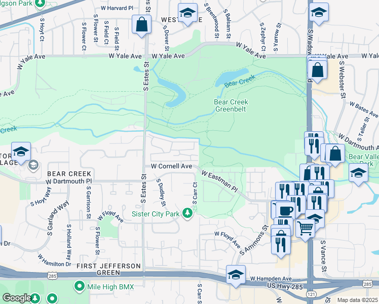map of restaurants, bars, coffee shops, grocery stores, and more near 8753 West Cornell Avenue in Lakewood