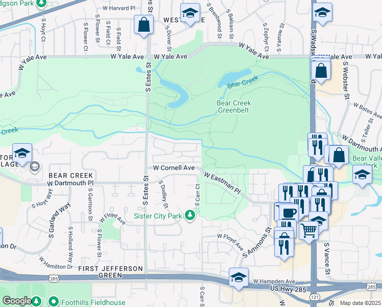map of restaurants, bars, coffee shops, grocery stores, and more near 8753 West Cornell Avenue in Lakewood
