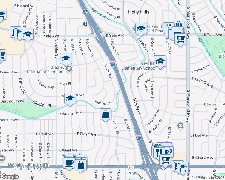 map of restaurants, bars, coffee shops, grocery stores, and more near 3087 South Grape Way in Denver