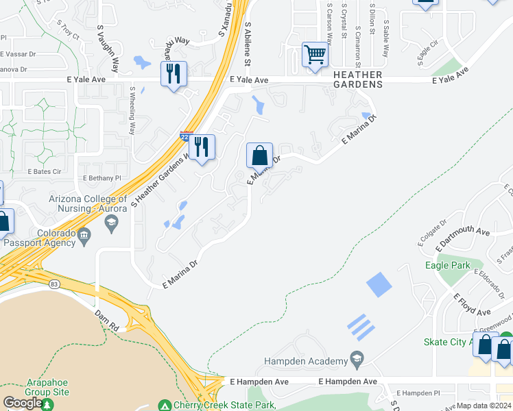 map of restaurants, bars, coffee shops, grocery stores, and more near 13800 East Marina Drive in Aurora