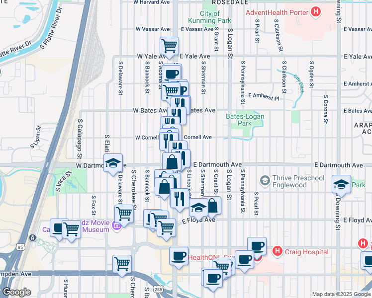 map of restaurants, bars, coffee shops, grocery stores, and more near 3035 South Lincoln Street in Englewood