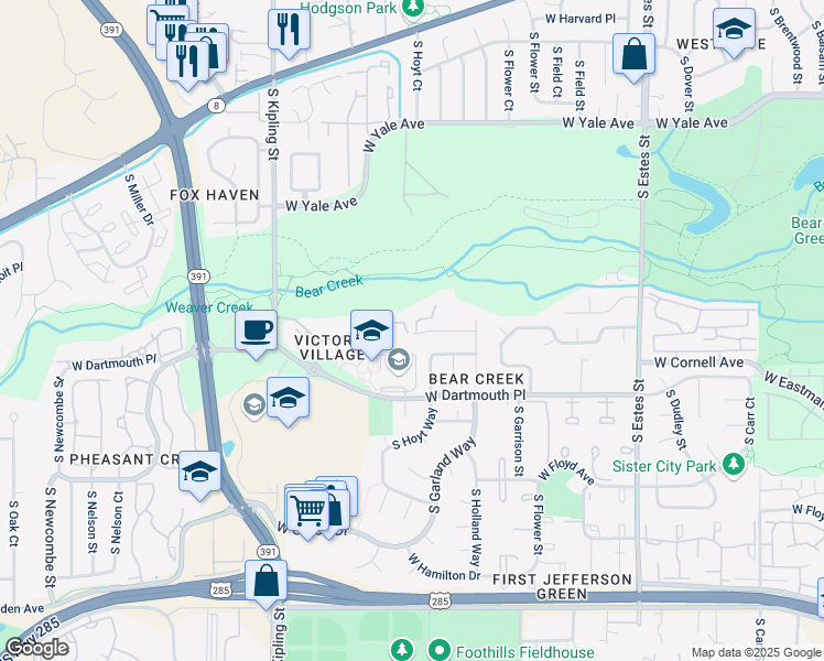 map of restaurants, bars, coffee shops, grocery stores, and more near 9630 West Cornell Place in Lakewood