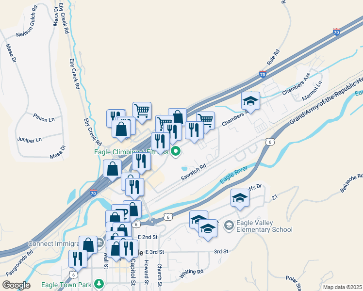 map of restaurants, bars, coffee shops, grocery stores, and more near 725 Chambers Avenue in Eagle
